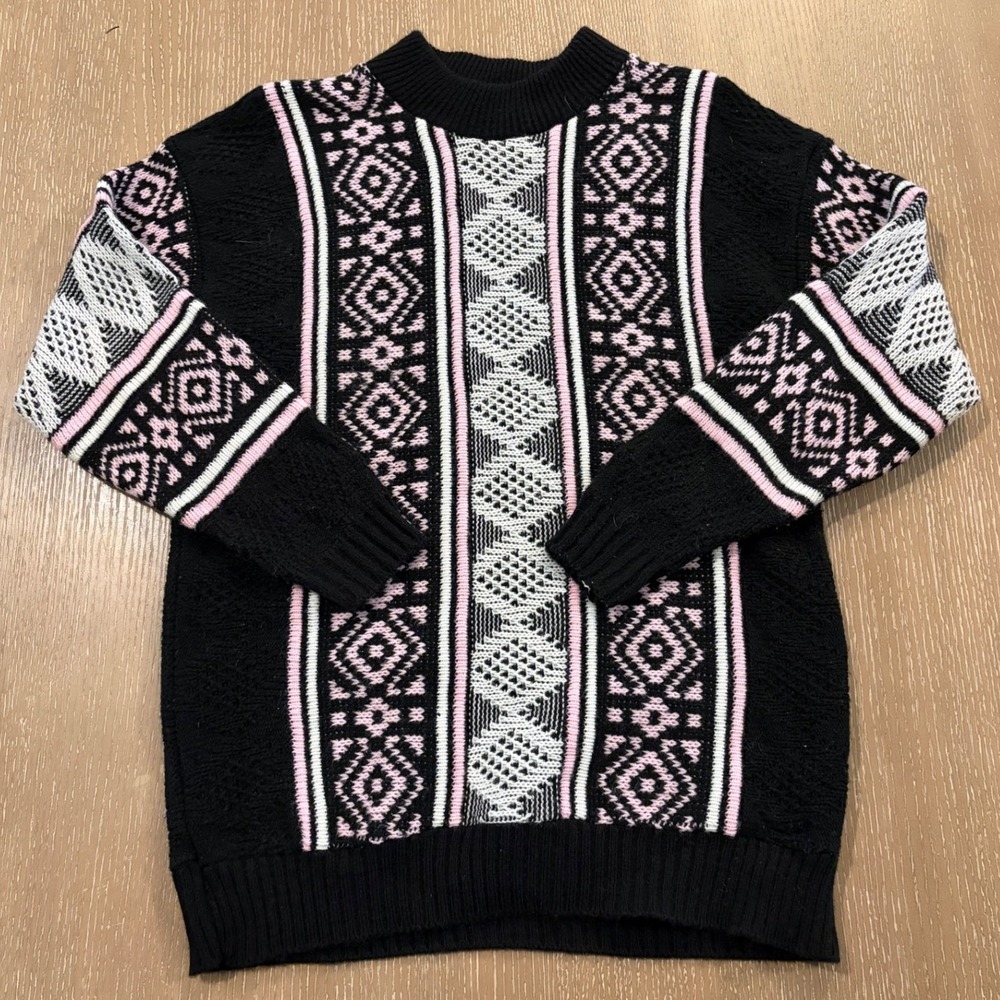 Vintage Domani Women's Large Geometric Knit Sweater Black Pink Made USA